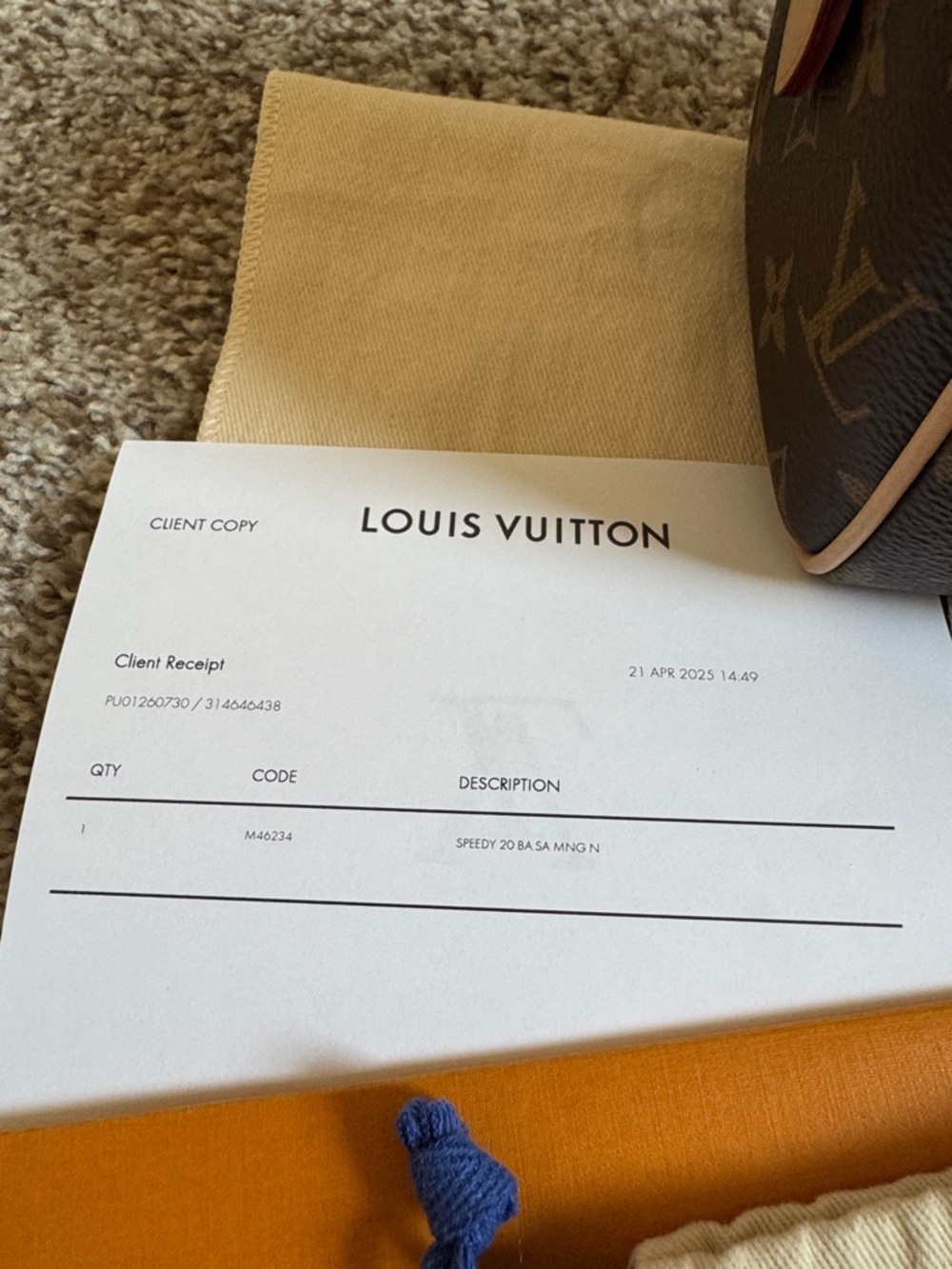 AUTHENTIC LOUIS VUITTON SPEEDY 20 dustbag, box and receipt - Picture 11 of 15